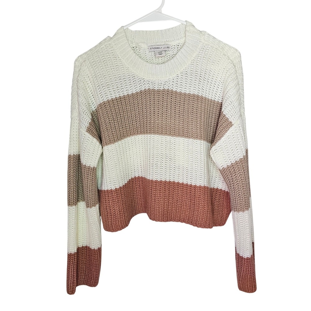 Sincerely Jules Striped Knit Cropped Sweater Women's XS Cream Brown Casual